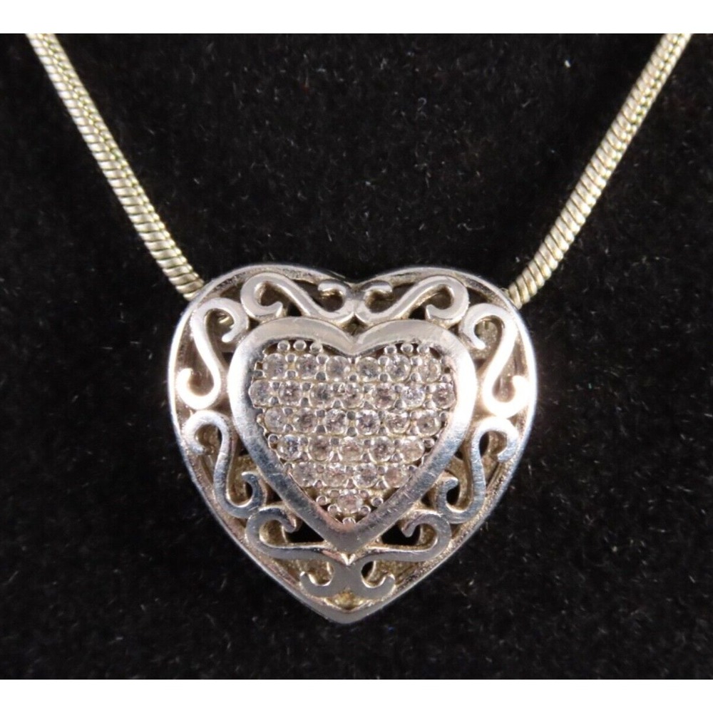STERLING SILVER 22" Chain Necklace FILIGREE HEART PENDANT Clear CZ Pave Center